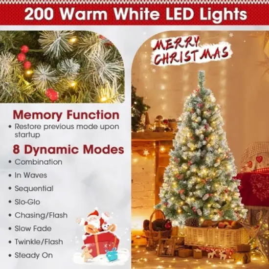 Costway 5FT/6.5FT/7.5FT Artificial Christmas Tree Hinged with 200/420/560/650 Warm LED Lights & 126/207/267/309 Red Berries image {6}