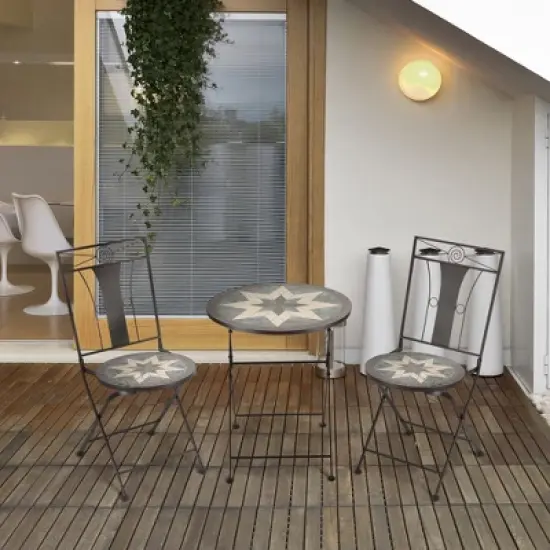 Outsunny 3 Piece Patio Bistro Set, Metal Folding Chairs, Foldable Outdoor Dining Table, Stone Mosaic Pattern for Decor, Poolside, Porch, Coffee image {1}