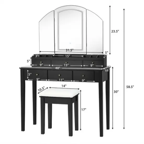Costway Vanity Table Stool Set Large Tri-folding Lighted Mirror 6 Drawer Dresser White\Black image {2}