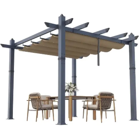 10x10ft Heavy Duty Aluminum Pergola with Retractable UV Canopy Water Resistant Gray Frame Khaki Curtains image {6}