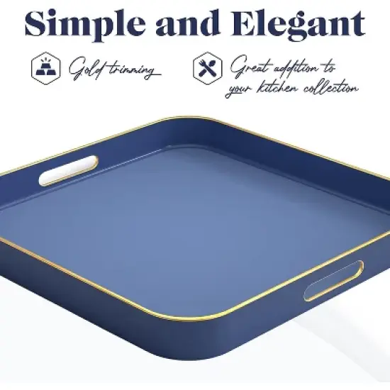 American Atelier Blue Square Large Tray with Gold Trimming & Handles image {3}
