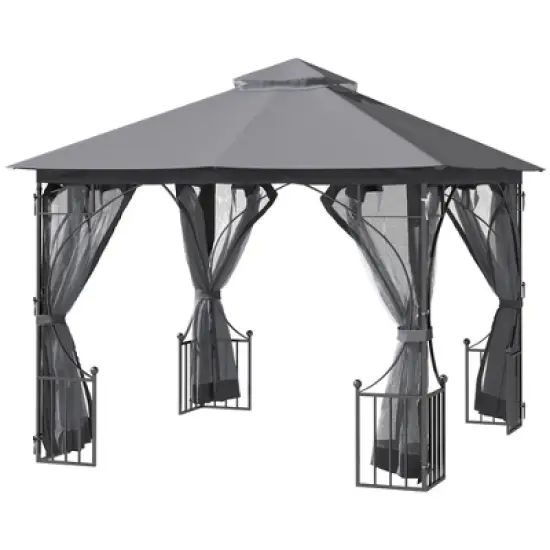 Outsunny 10' x 10' Patio Gazebo Canopy Outdoor Pavilion with Mesh Netting SideWalls, 2-Tier Polyester Roof, & Steel Frame, Dark gray image {4}