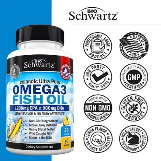 Omega 3 Fish Oil Softgels, 1200mg EPA and 900mg DHA Fatty Acid, Supports Joint, Eyes, Brain & Skin Health, Burp-less Lemon Flavor, Bioschwartz,90ct image {4}