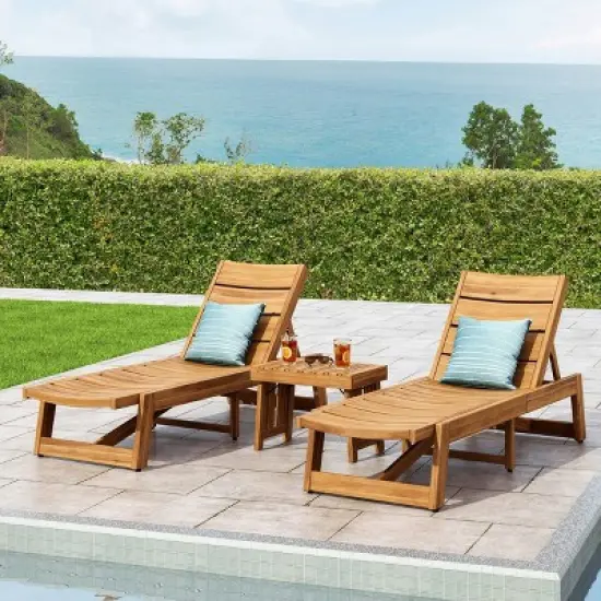 Kyoto 3pc Outdoor Acacia Wood Chaise Lounge Set - Teak/Yellow - Christopher Knight Home image {1}
