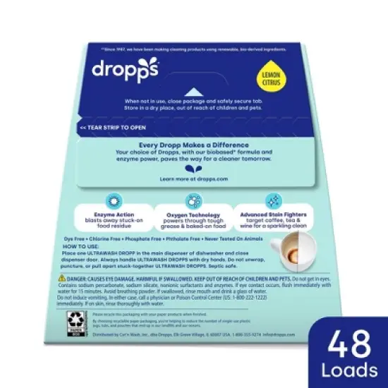 Dropps Dish UltraWash Biobased Detergent Pods - Lemon Citrus - 48ct image {8}
