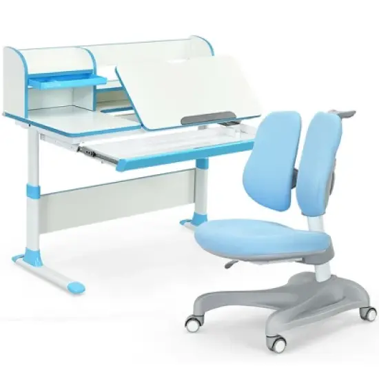 Costway Adjustable Kids Study Desk Drafting Table Chair Set w/ Bookshelf image {9}