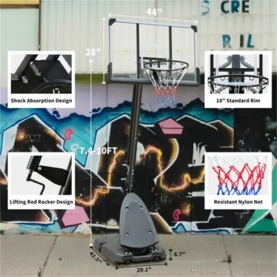 YONWAY Use for Outdoor Height Adjustable 7.5 to 10ft Basketball Hoop 44 Inch Backboard Portable Basketball Goal System with Stable Base and Wheels image {2}