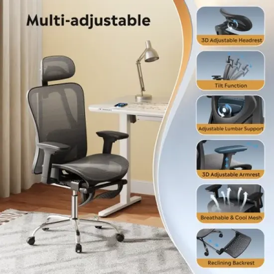 GALAXHERO Ergonomic Mesh Office Desk Chair, High Back Reclining Computer Gaming Chair, Adjustable Lumbar Support, Tilt Function,Black Gray image {2}