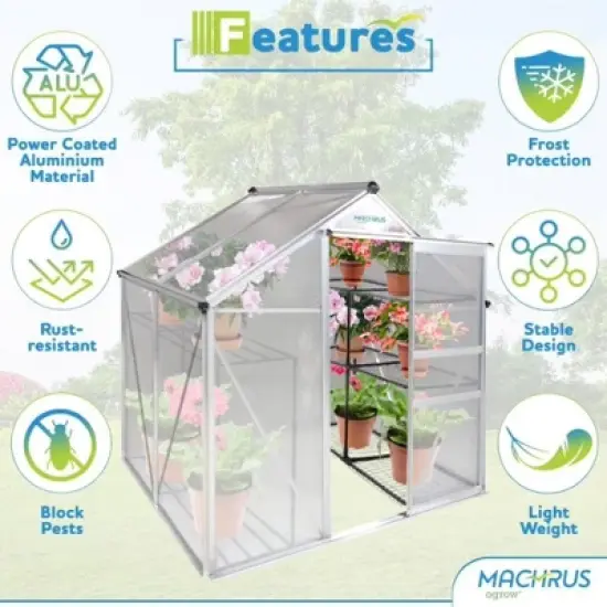 Machrus Ogrow 4 x 6 FT Walk-In Aluminium Greenhouse with Sliding Door and Adjustable Roof Vent image {2}