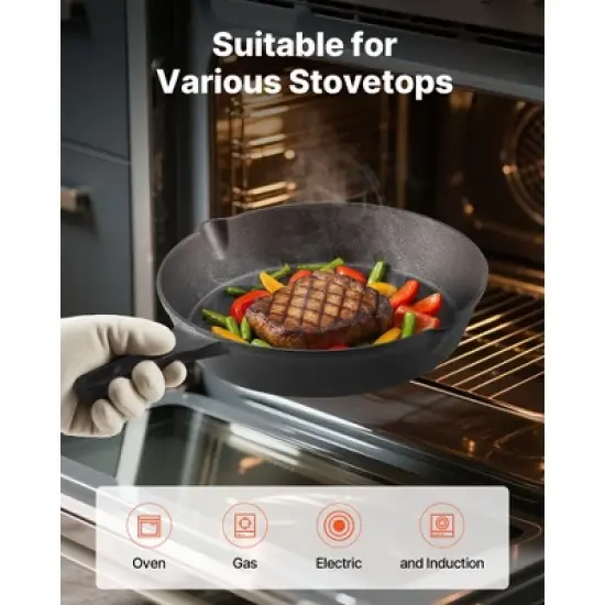 VEVOR Cast Iron Skillet, 3-Piece Frying Pan Set (6, 8, 10 in), Heavy-Duty Skillets with Heat-Resistant Handle, Pre-Seasoned Chef's Pan, Black image {2}