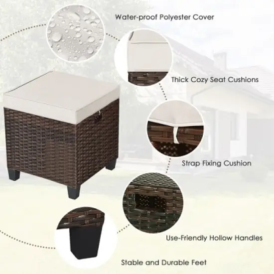 Tangkula Set of 2 Patio Rattan Ottoman Footrest Garden Outdoor w/ Brown/Turquoise/Navy Cushion image {6}