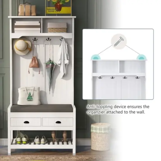 68.9" Multifunctional Hall Tree - Entryway Organizer with Coat Rack, Shoe Storage & 2 Drawers, White image {2}