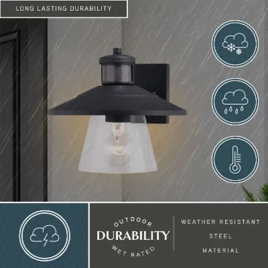 VAXCEL Westport Steel LED Compatible Black Motion Sensor Dusk to Dawn Outdoor Wall Light Coastal Clear Glass image {4}