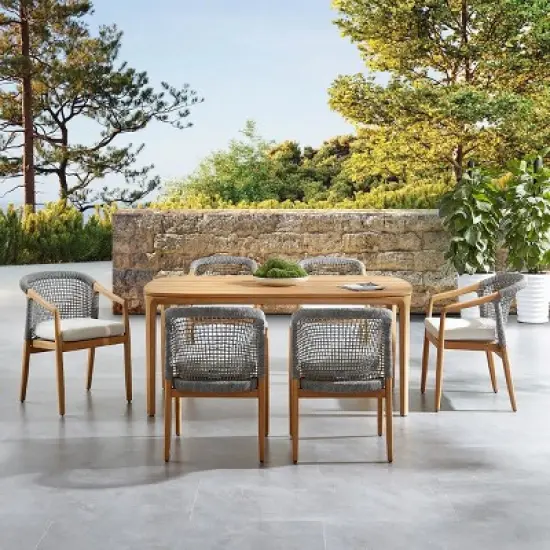 Linear Planked Wood 6 Piece Outdoor Dining Set Textured Weave Back Armchairs & Rectangular Table Ensemble image {1}