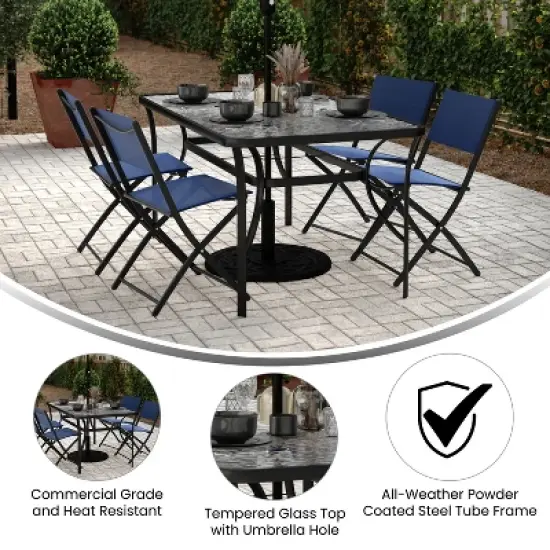 Flash Furniture Tory Commercial Grade Patio Table with Tempered Glass Top with Umbrella Hole and Steel Tube Frame image {4}