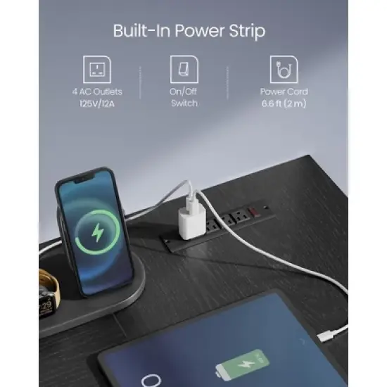 L-Shaped Desk with Power Outlets, Computer Desk with Monitor Stand, 2 Drawers, for Home Office image {3}