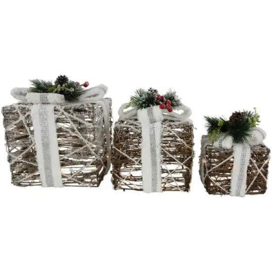 Northlight LED Lighted Gift Boxes with Pine and Berries Christmas Decorations - 9.75" - Set of 3 image {3}