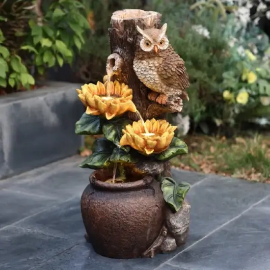 LuxenHome 28 Inch Outdoor Water Fountain, Owl and Sunflower Cascading Waterfall Fountain Outdoor and Indoor with LED Lights Brown image {1}