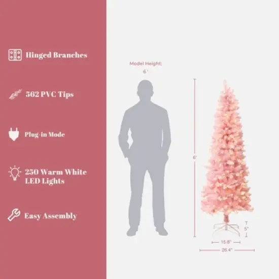 LuxenHome 6Ft Pink Pencil Artificial Tree with Warm White Lights and 8 Light Functions image {2}