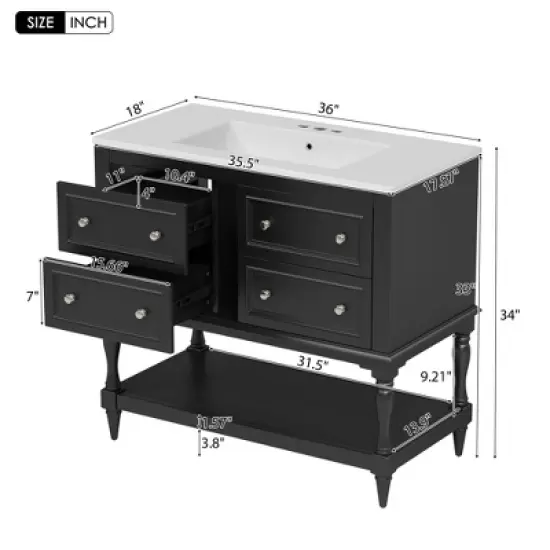 Mshliw 36 Inch Bathroom Vanity with Sink Combo, Modern Freestanding Cabinet with 4 Drawers and Shelf, Solid Wood Frame and Ceramic Basin(Black) image {1}