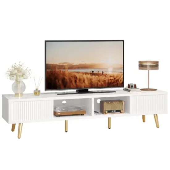 Bestier 71" Modern TV Stand for 75/80 inch TV with Fluted Sliding Doors, High Gloss Entertainment Center with Storage for Living Room, Cord Management image {7}