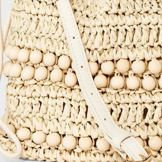 Straw Beaded Drawstring Crossbody Bag - Universal Thread&trade; Light Beige: Knit Paper Straw, Unstructured image {4}