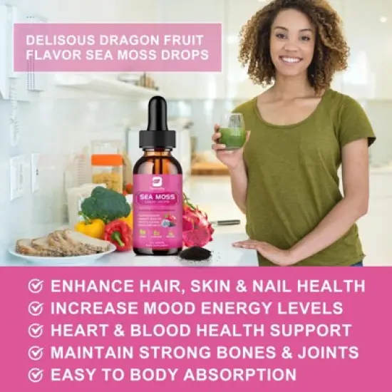 B Beworth 3000mg Sea Moss Liquid Drops - Immunity Booster, Digestive Health - 60ml (Dragon Fruit Flavor) image {4}