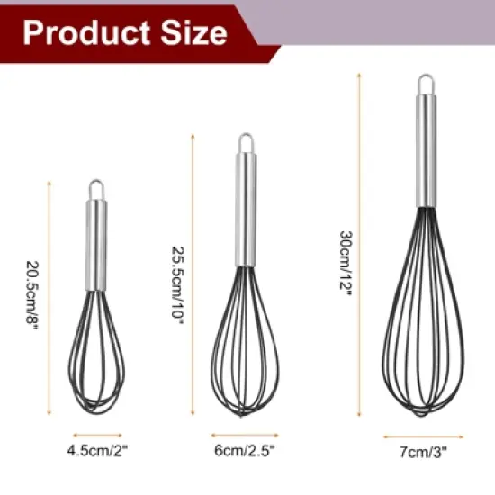 Unique Bargains Stainless Steel Silicone Non-Stick Coated Heat-Resistant Whisk 3 Pcs image {1}