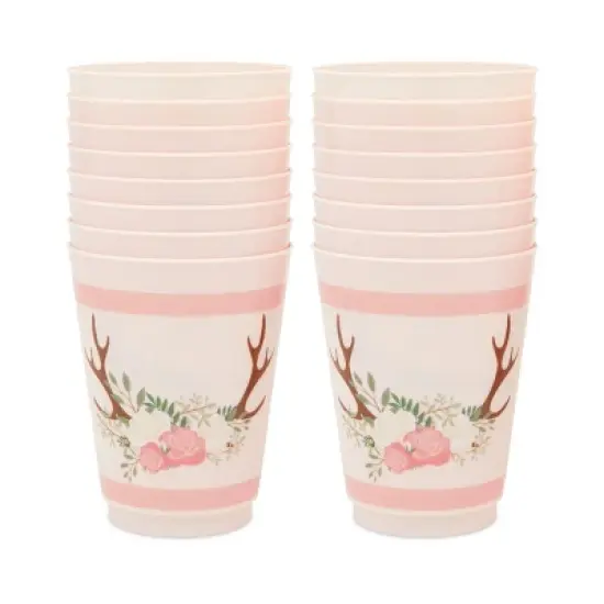 Sparkle and Bash 16 Pack Pink Plastic Floral Tumbler Cups for Oh Deer Girl Baby Shower (16 oz) image {4}