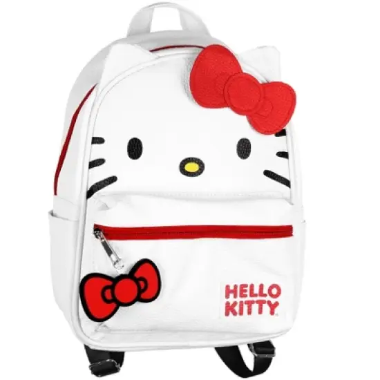 Hello Kitty Signature Bow Face and 3D Ear Design Faux Leather Mini Backpack White image {1}