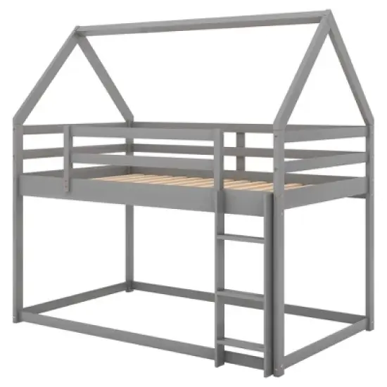 Twin over Twin House Shaped Bunk Bed with  Ladder and Guardrail-ModernLuxe image {7}