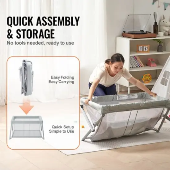 VEVOR Baby Travel Crib and Play Yard, Folding Baby Playpen with Soft Mattress Pad, Portable Toddlers Crib with Breathable Mesh and Travel Bag, Gray image {2}