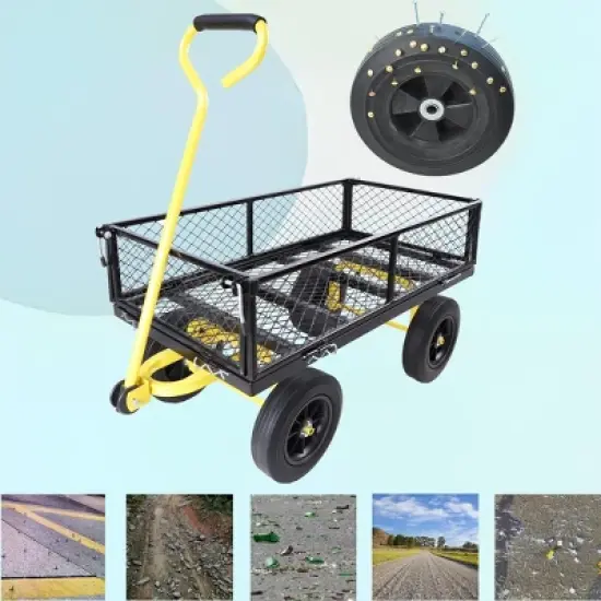 DOMETOUR (Black +Yellow Solid Wheels Wagon Cart) Solid Wheels Tools Cart Wagon Cart Garden Trucks Make It Easier To Transport Firewood image {9}