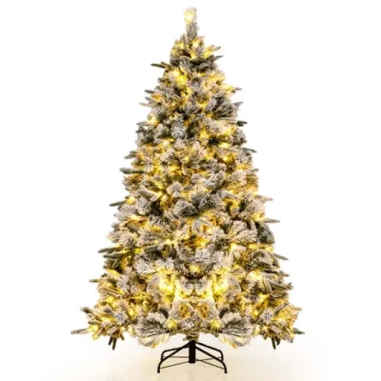Costway 6/7 FT Pre-Lit Flocked Christmas Tree Hinged Xmas Decoration with 250/300 LED Lights image {10}