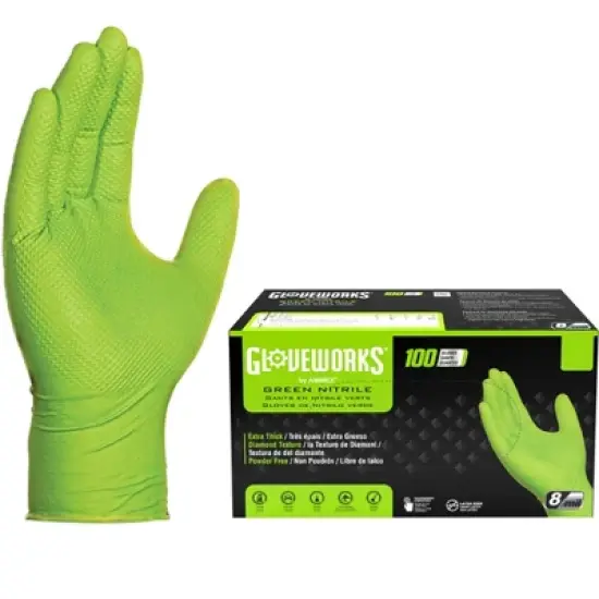 GLOVEWORKS Heavy-Duty Green Nitrile Gloves with Raised Diamond Texture- Industrial Grade - Great for Auto Repair, Mechanics, Janitorial, Food Service image {7}