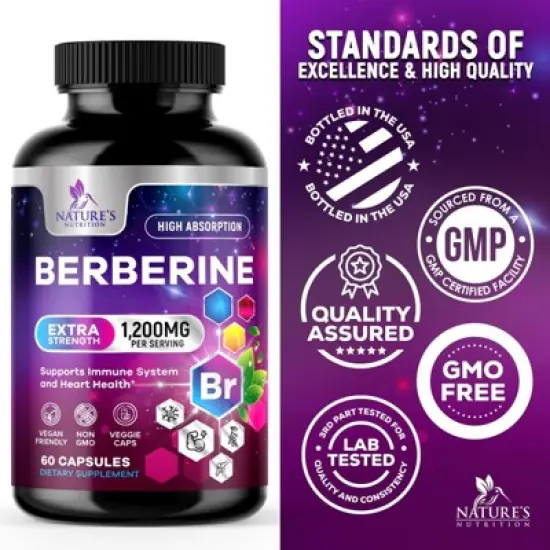 Premium Berberine HCL 1200mg Supplement, Berberine HCI Capsules Supplement for Heart Health & Immune Support - 60 Capsules By Nature's Nutrition image {3}