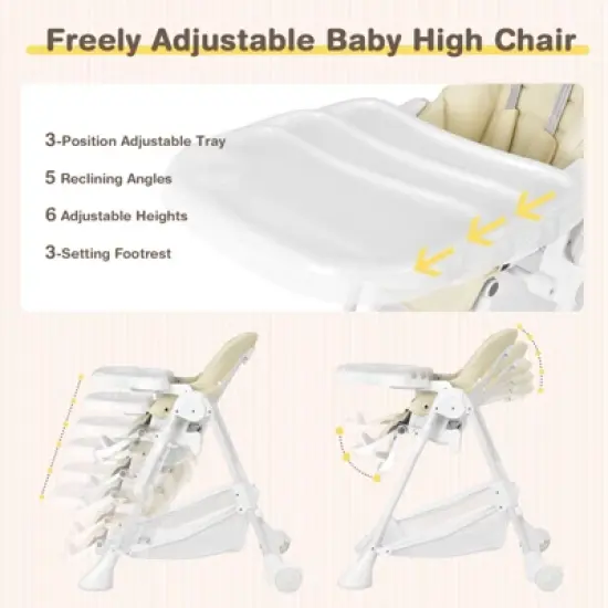 Infans Baby Convertible Folding Adjustable High Chair w/Wheel Tray Storage Basket Beige image {2}