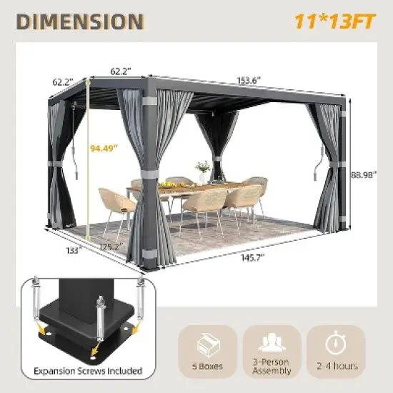 Erommy 11'x13' Outdoor Louvered Pergola with Adjustable Aluminum Rainproof Roof,Black image {3}