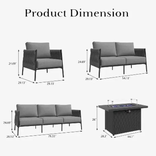 LayinSun 7 Piece Outdoor Furniture Set with Fire Pit Table, Modern Rope Woven Patio Conversation Sofa Set with Olefin image {8}