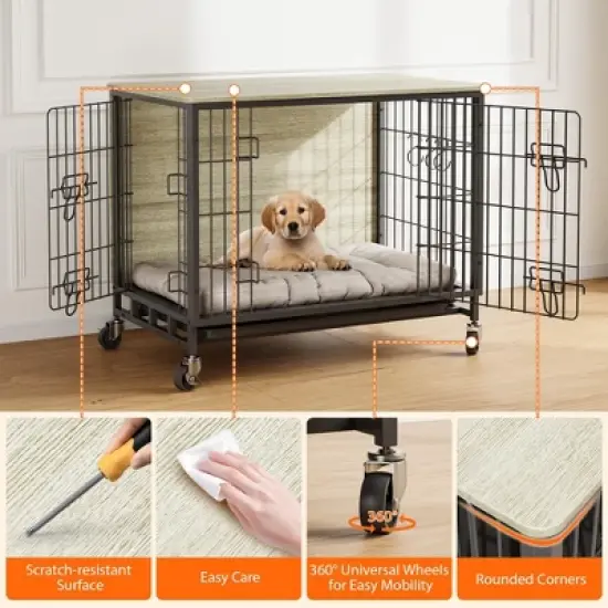 Dog Crate Furniture for Medium Dogs, 32.5" L x 21.9" W x 25.2" H Indoor Kennel with Double Doors, Wheels & Removable Tray image {5}