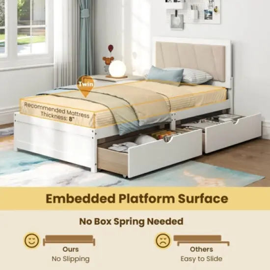 Costway Twin Size Bed Frame with 2 Storage Drawers Upholstered Headboard Wood Structure image {9}