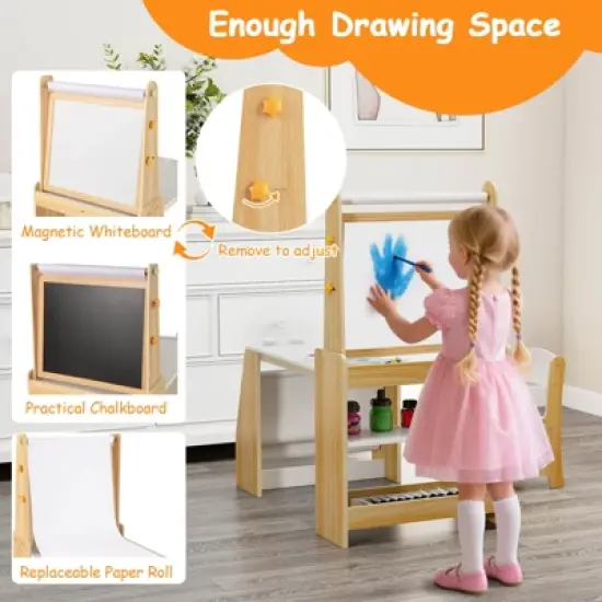 Costway Kids Art Table and Chair Set with  Easel & Chair Whiteboard & Chalkboard Paper Roll image {6}