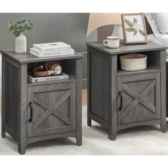 Farmhouse Nightstand with Barn Door,Bedside Table featuring Storage, Side End Table, Night Stand with Open Compartment Transform Your Bedroom image {2}