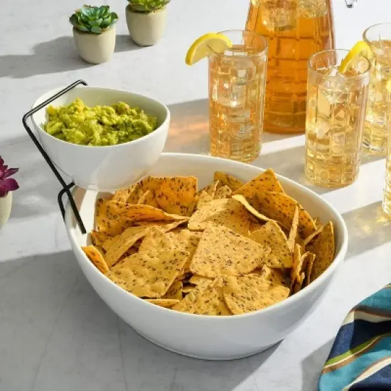 Gibson Gracious Dining 3 Piece 2 Tier Fine Ceramic Chip and Dip Serving Set in White image {5}