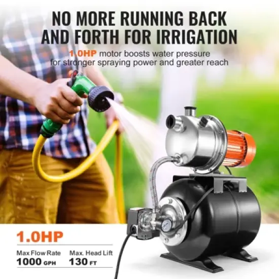 VEVOR 1 HP Shallow Well Pump with Pressure Tank, 1000 GPH, Automatic Irrigation Water Booster Pump with 130 ft Head Lift 20/40 PSI Pressure, Black image {3}