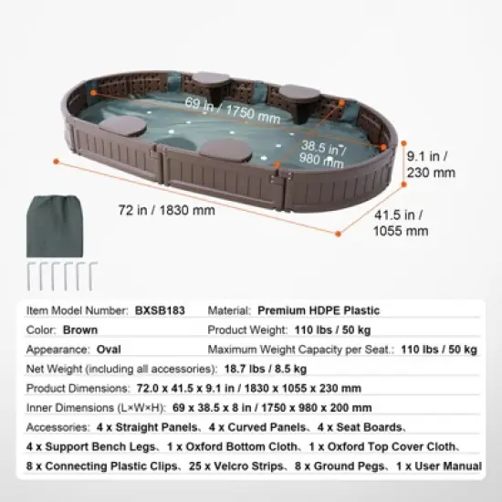 VEVOR Sandbox with Cover, 72 x 41.5 x 9.1 in Oval Sand Box, HDPE Sand Pit with 4 Corner Seating and Bottom Liner, for Boys Girls Ages 3-12, Brown image {7}