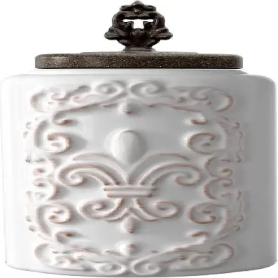 American Atelier 2-Piece Ceramic Canister Jar W/ Fleur De Lis Embossed Design & Airtight Stainless-steel Lid For Sugar, Flour, Coffee, & More, White image {1}