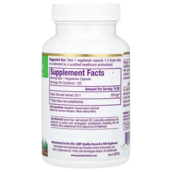 Paradise Herbs Green Tea, 120 Vegetarian Capsules (250 mg per Capsule) image {1}