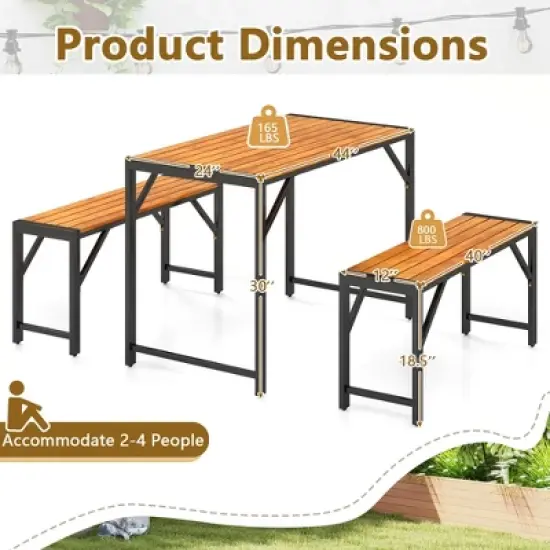 Tangkula 3 PCS Dining Set for 4 People Outdoor Picnic Table & 2 Benches w/ Metal Frame image {8}