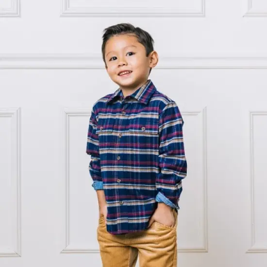 Hope & Henry Boys' Long Sleeve Flannel Button Down Shirt with Double Flap Pockets, Kids image {3}